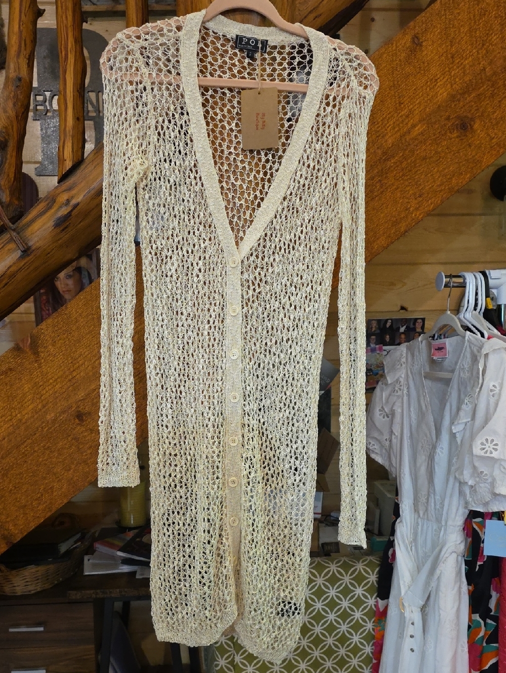 POL Open Crochet Knit Cardigan in Cream
